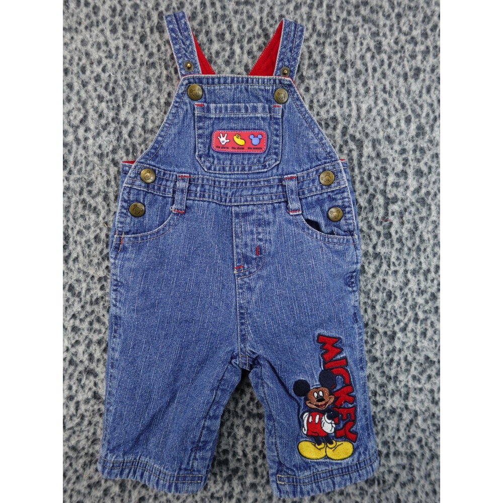 Disney Mickey Mouse Denim Overalls Baby 3-6M Blue Fleece Lined Excellent‎